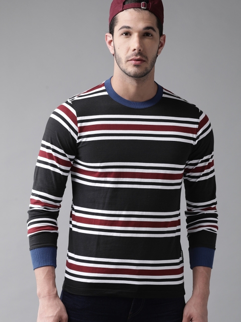 

Roadster Men Black & White Striped Round Neck T-shirt