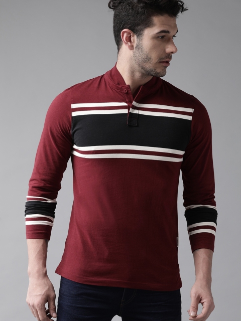 

Roadster Men Maroon & Navy Striped Detail Stand Collar T-shirt