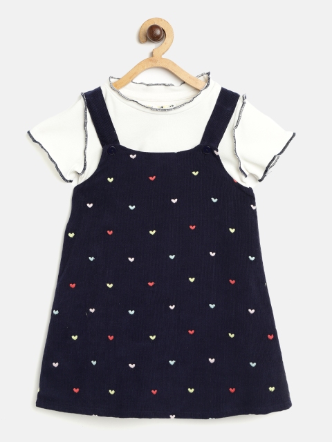 

Nauti Nati Girls Navy Blue Embroidered Corduroy Pinafore Dress with T-Shirt & Briefs
