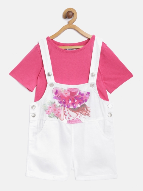 

Nauti Nati Girls Pink & White Solid T-shirt with Dungarees
