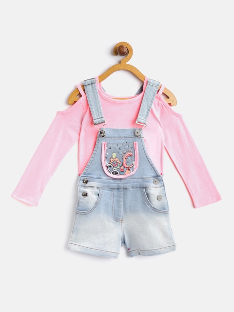 

Nauti Nati Girls Pink & Blue Solid Top with Denim Dungarees