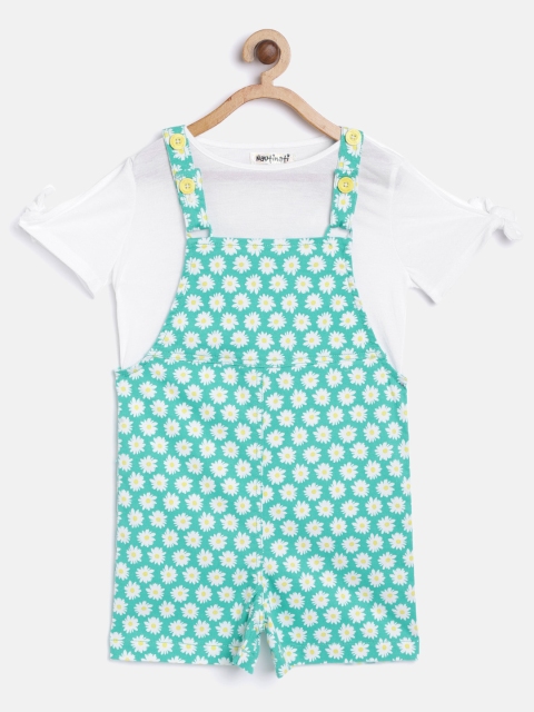 

Nauti Nati Girls Sea Green & White Solid Top with Printed Dungarees