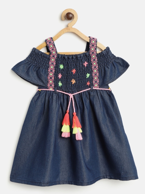

Nauti Nati Girls Navy Blue & Pink Solid Chambray A-Line Dress with Belt & Briefs