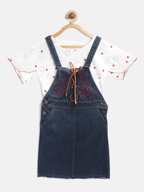 

Nauti Nati Girls Navy Blue & White Star Embroidered Denim Pinafore Dress with Top