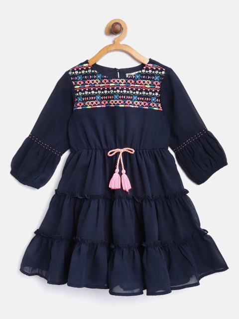 

Nauti Nati Girls Navy Blue & Pink Embroidered Tiered Fit and Flare Dress
