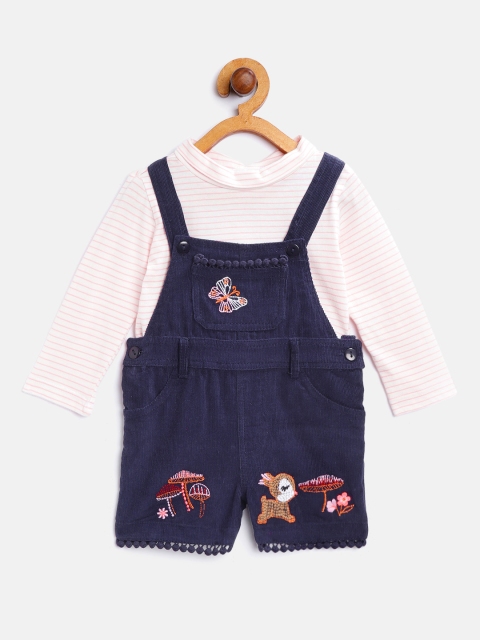 

Nauti Nati Girls White & Navy Blue Striped T-shirt with Corduroy Dungarees