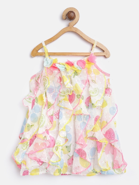 

Nauti Nati Girls White & Pink Printed A-Line Dress with Ruffle Detail