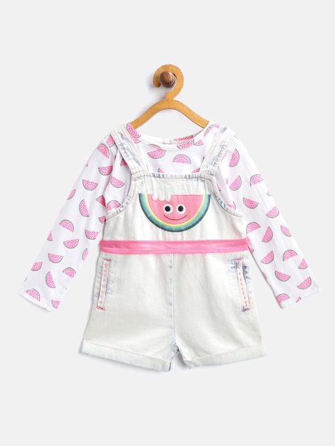 

Nauti Nati Girls White & Blue Printed T-shirt with Denim Dungarees
