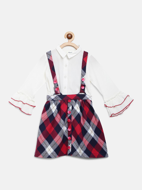 

Nauti Nati Girls White & Red Solid Shirt & Checked Skirt with Attached Suspenders