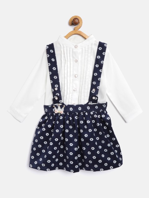 

Nauti Nati Girls White & Navy Blue Solid Top with Corduroy Printed Skirt