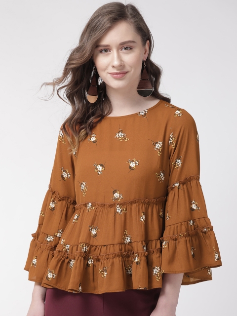 

QUIERO Women Mustard Brown & Off-White Printed A-Line Top