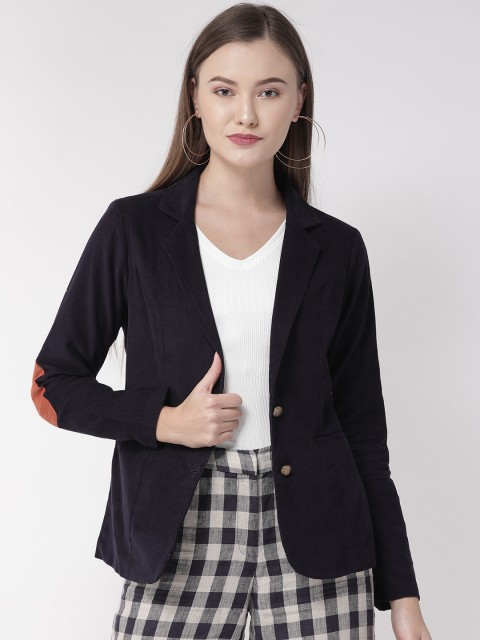 

QUIERO Women Navy Blue Solid Tailored Fit Single-Breasted Corduroy Casual Pure Cotton Blazer