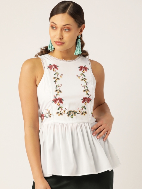 

QUIERO Women White & Maroon Embroidered A-Line Top
