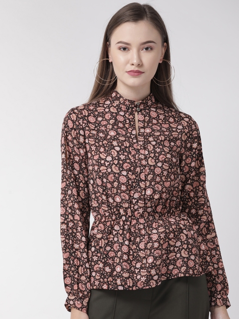 

QUIERO Women Black & Peach-Colored Floral Printed Cinched Waist Top