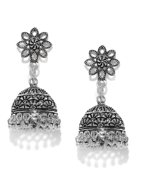 

Fida Silver-Toned Dome Shaped Oxidised Jhumkas