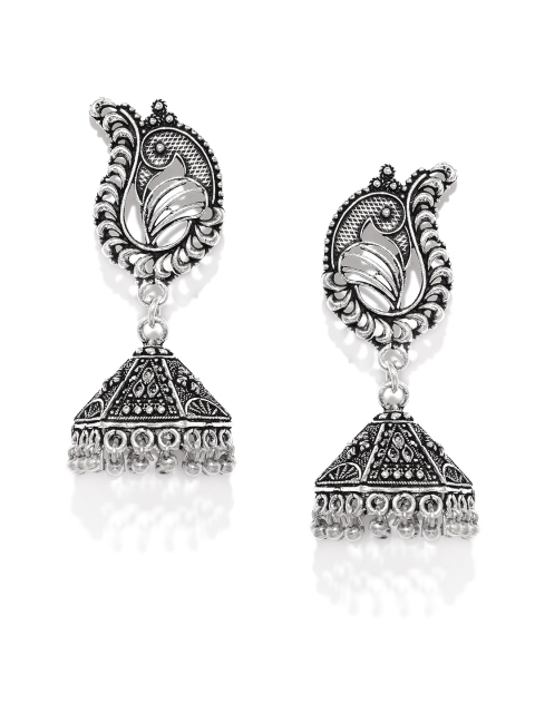 

Fida Silver-Toned Peacock Designed Oxidised Jhumkas