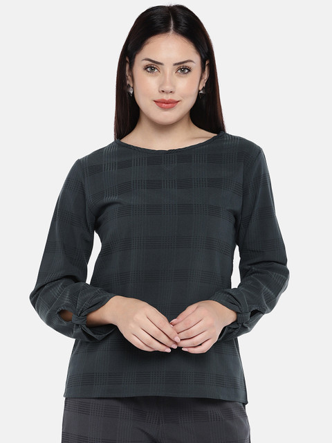 

The Label Life Women Teal Green Checked Top