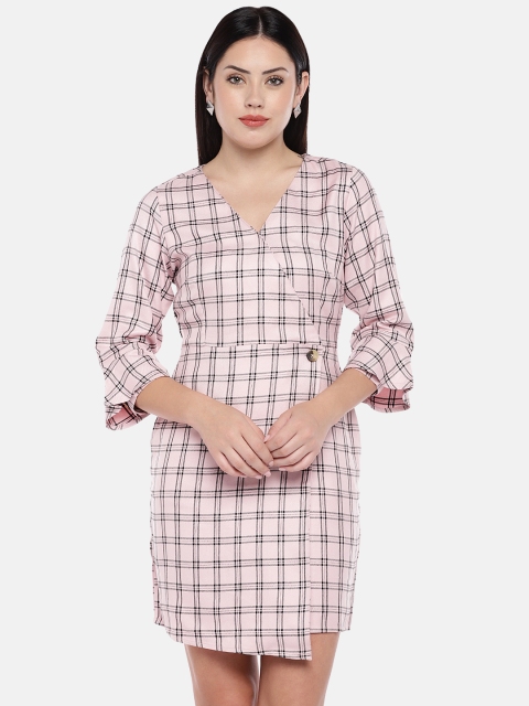 

The Label Life Women Pink & Black Checked Wrap Dress