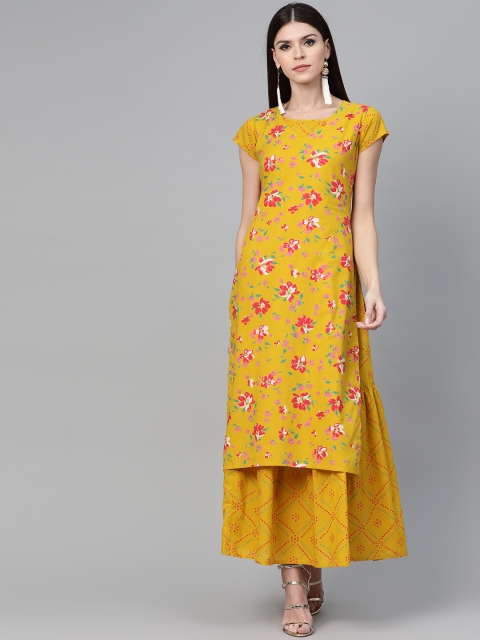

See Designs Women Mustard Yellow & Red Printed Tiered Layered Maxi Dress