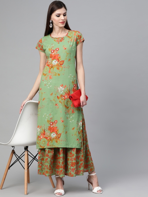 

See Designs Women Green & Orange Printed Layered Maxi Dress