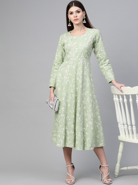 

See Designs Women Green & White Printed A-Line Dress