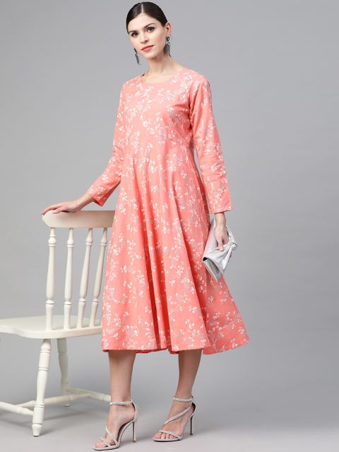 

See Designs Women Peach-Coloured & White Khari Print Midi A-Line Dress