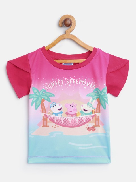 

toothless Girls Pink & Blue Peppa Pig Printed Round Neck T-shirt
