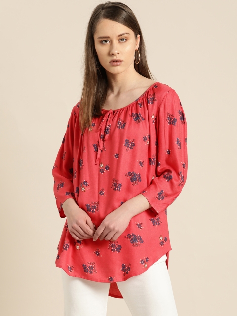 

Qurvii Plus Size Women Pink Blue Floral Printed Top