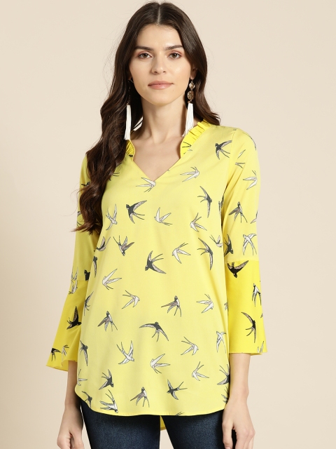 

Qurvii Plus Size Women Yellow Black Conversational Printed Top
