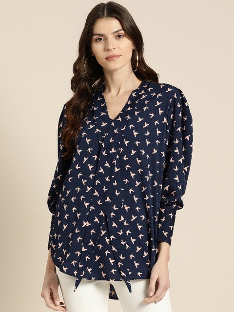 

Qurvii Plus Size Women Navy Blue Pink Conversational Printed Top