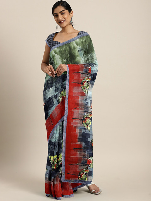 

Triveni Navy Blue & Sea Green Poly Georgette Printed Saree