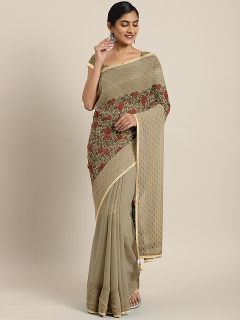 

Triveni Beige & Green Printed Pure Georgette Saree