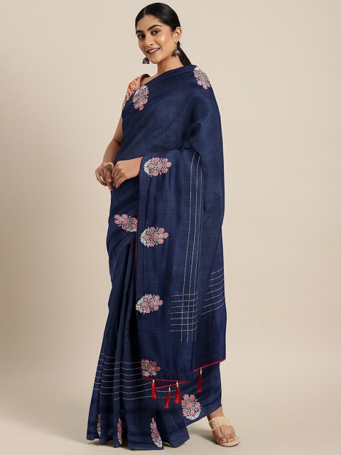 

Triveni Navy Blue Poly Silk Solid Saree With Striped Detail