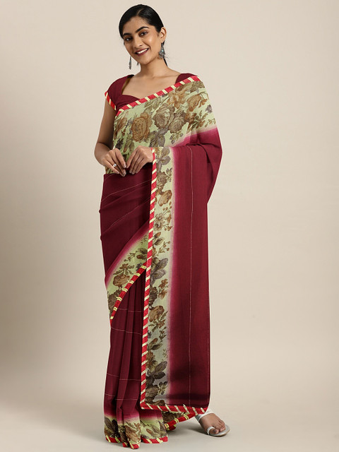 

Triveni Maroon & Green Poly Chiffon Printed Saree
