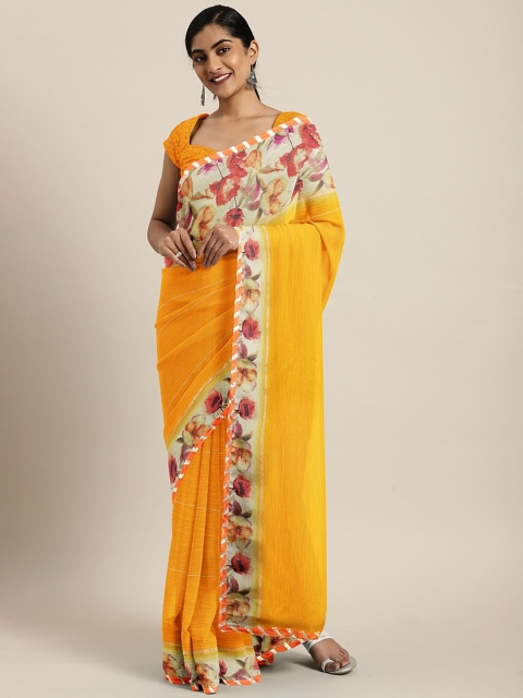 

Triveni Mustard Yellow Printed Poly Chiffon Saree