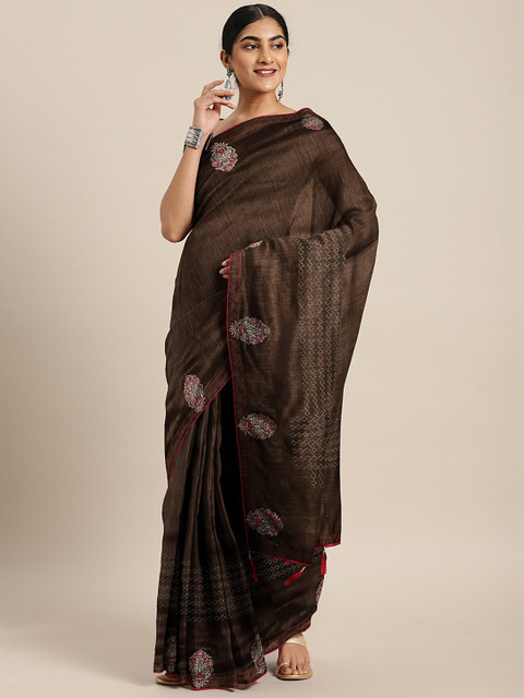 

Triveni Brown Poly Silk Solid Saree With Printed Detail