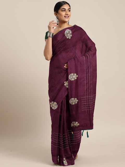 

Triveni Burgundy Poly Silk Solid Saree With Striped Detail