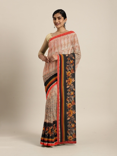 

Triveni Peach-Coloured & Brown Poly Georgette Striped Saree