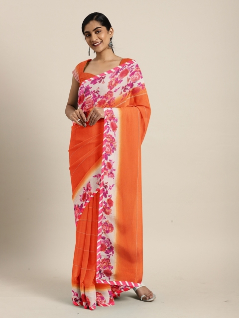 

Triveni Orange Striped Poly Chiffon Saree