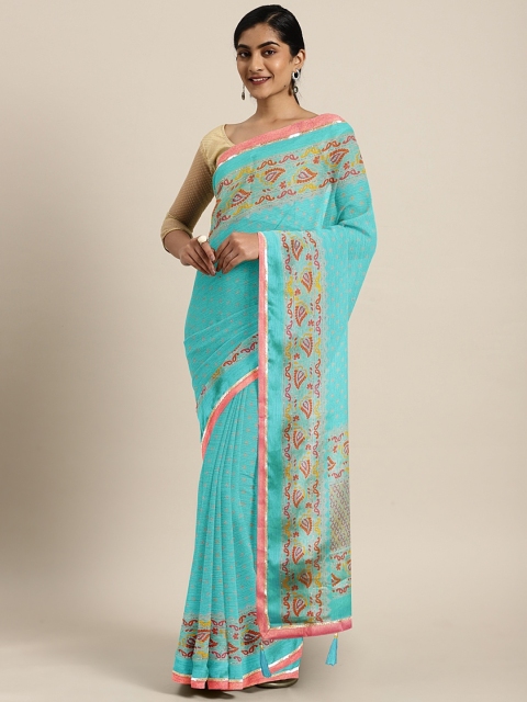 

Triveni Turquoise Blue & Beige Printed Poly Chiffon Saree