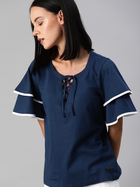 

Roadster Women Navy Blue Solid Layered Sleeve Tie-Up Neck Top