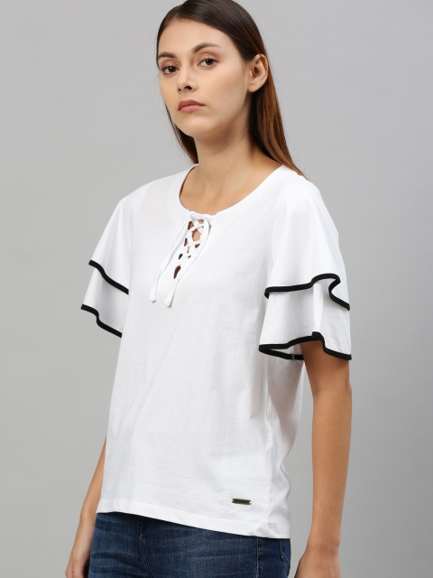

Roadster Women White Solid Lace Up Pure Cotton Top With Flutter Sleeves