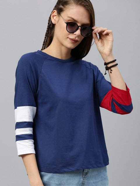 

Roadster Women Black Solid Top with Striped Sleeves