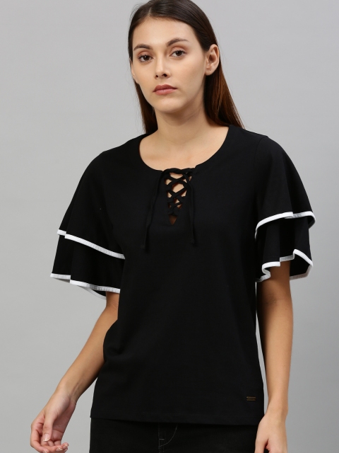 

Roadster Women Black Solid Lace Up Pure Cotton Top With Flutter Sleeves