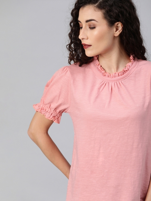 

Roadster Women Pink Solid Gathered Puff Sleeve Top with Tie-Ups