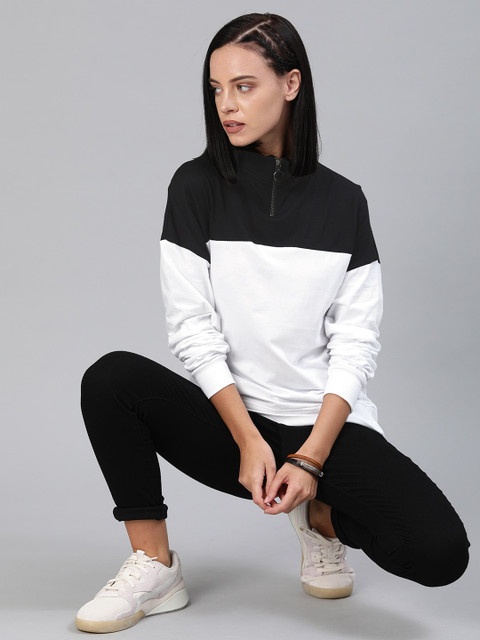 

Roadster Women Black & White Colourblocked Pure Cotton Top