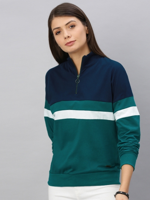 

Roadster Women Navy Blue & Teal Green Colourblocked Sweatshirt