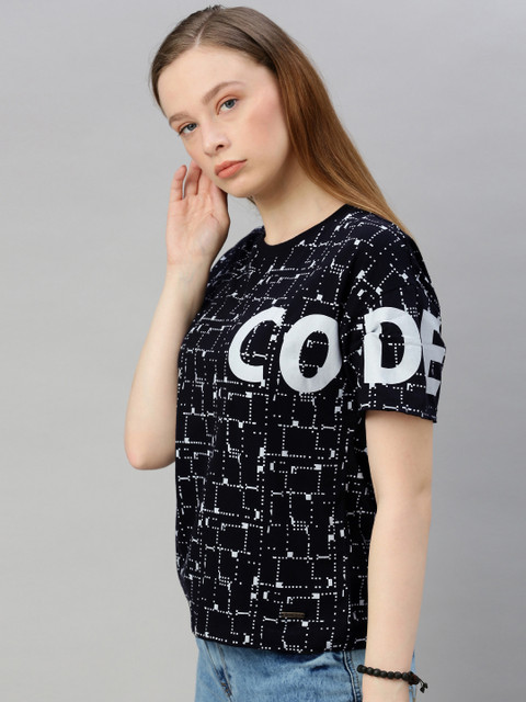 

Roadster Women Blue & White Placement Printed Round Neck T-shirt