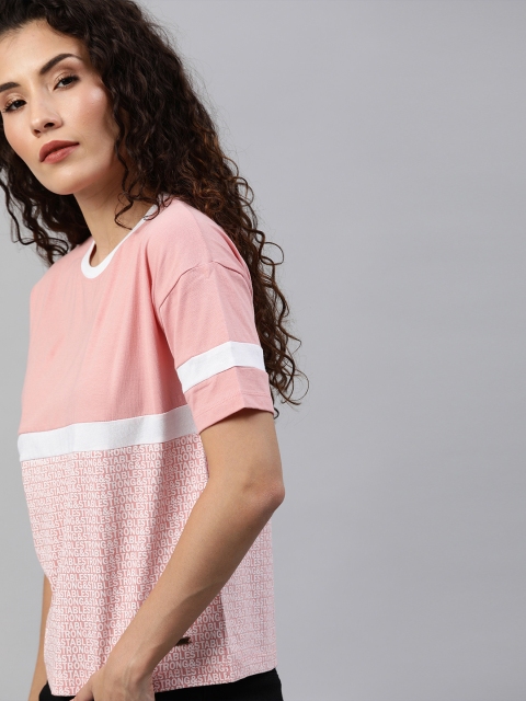 

Roadster Women Pink and White Printed Round Neck T-shirt