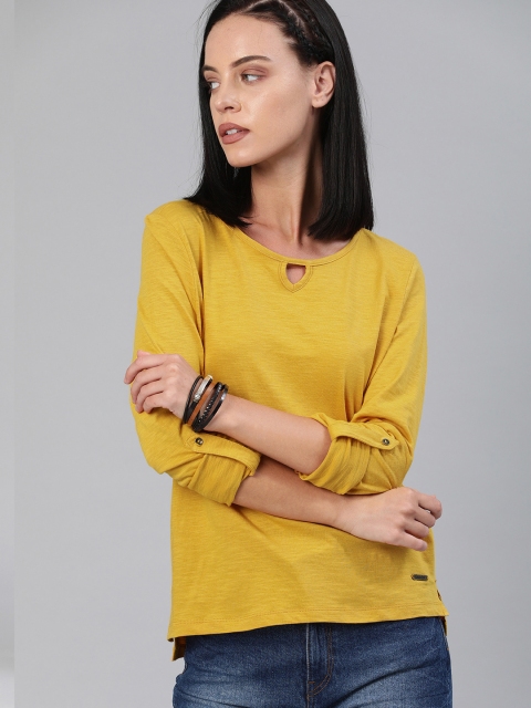 

Roadster Women Mustard Yellow Solid Roll-Up Sleeves Top